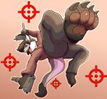  absurd_res anthro black_hair brown_body brown_fur canid canine claws clothed clothing fur gun hair happy hi_res mammal paws ranged_weapon red_eyes simple_background smile solo tail teeth thony_dog weapon 
