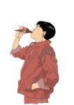  1boy akira black_hair bottle coca-cola drinking hand_in_jacket holding holding_bottle jacket kaneda_shoutarou_(akira) male_focus pants red_jacket red_pants simple_background soda solo standing tora0820 white_background 