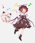  1girl animal_ears beamed_eighth_notes bird_ears bird_wings black_footwear blush brown_dress brown_headwear brown_socks crossover dress eighth_note full_body hat highres holding holding_microphone jigglypuff keiki8296 long_sleeves microphone musical_note mystia_lorelei one_eye_closed open_mouth pink_eyes pink_hair pokemon pokemon_(creature) quarter_note shoes short_hair simple_background sleeve_garter smile socks touhou white_background white_wings wide_sleeves winged_footwear winged_hat wings 