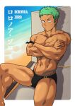  1boy alternate_costume bara beach black_male_swimwear bulge crossed_arms dark-skinned_male dark_skin feet_out_of_frame green_hair highres large_pectorals looking_at_viewer male_focus male_swimwear muscular muscular_male navel one_piece pectoral_squeeze pectorals roronoa_zoro seb_(notsafeforseb) short_hair sideburns sitting solo stomach swim_briefs thighs topless_male 