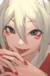  1girl animal_ear_fluff animal_ears black_eyes close-up commentary eyelashes facial_mark fox_ears grey_hair hair_between_eyes idolmaster idolmaster_cinderella_girls looking_at_viewer nail_polish open_mouth own_hands_together red_nails shioda_(shioda_5) shiomi_syuko short_hair sketch smile solo symbol-only_commentary teeth tongue tongue_out 