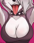  2023 anthro armpit_fetish bodily_fluids breasts canid canid_demon canine cleavage clothed clothing collar demon female hellhound helluva_boss hi_res loona_(helluva_boss) mammal ravirr saliva saliva_string solo tongue tongue_out topwear 