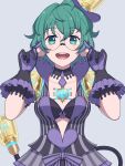  1girl :d black_gloves breasts collarbone commentary_request glasses gloves green_eyes green_hair grey_background hair_between_eyes hands_up hinoyama_kou light_bulb looking_at_viewer pandoria_(xenoblade) pointy_ears round_eyewear short_hair simple_background small_breasts smile solo striped tilted_headwear vertical_stripes xenoblade_chronicles_(series) xenoblade_chronicles_2 