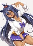  1girl ;d absurdres animal_ears blue_bow blue_hair blue_skirt blue_wristband bow breasts cleavage clothes_around_waist collarbone collared_shirt dark-skinned_female dark_blue_hair dark_skin ear_ornament ear_scrunchie hair_between_eyes hair_ornament hand_up highres hishi_amazon_(umamusume) horse_ears horse_girl horse_tail large_breasts long_hair looking_at_viewer nail_polish one_eye_closed open_mouth pleated_skirt red_eyes red_nails red_scrunchie scrunchie shirt shirt_tucked_in skirt sleeves_rolled_up smile solo stmoon tail teeth thighs umamusume upper_teeth_only very_long_hair white_background white_shirt 