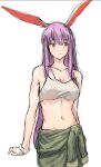  1girl animal_ears arm_support bare_shoulders breasts cleavage closed_mouth clothes_around_waist collarbone commentary covered_nipples english_commentary expressionless groin hair_between_eyes light_blush long_hair looking_to_the_side medium_breasts midriff navel purple_hair rabbit_ears red_eyes reisen_udongein_inaba see-through simple_background solo sparkle71059204 touhou very_long_hair white_background 
