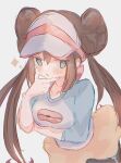  1girl arm_under_breasts blue_eyes brown_hair double_bun doughnut_hair_bun hair_bun highres jok3r_908 long_hair open_mouth pokemon pokemon_(game) pokemon_bw2 pokemon_masters_ex rosa_(pokemon) shirt short_shorts shorts sketch solo sparkle thinking twintails visor_cap white_background yellow_shorts 