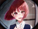  1girl arima_kana blue_vest blurry blurry_background blush bob_cut chromatic_aberration collared_shirt commentary_request crying crying_with_eyes_open fisheye hair_between_eyes highres lens_flare looking_at_viewer nose_blush open_mouth oshi_no_ko peephole red_eyes red_hair shirt short_hair signature solo tears teeth upper_body upper_teeth_only variant_set vest white_shirt yoitsuki_nema 