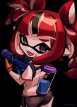  1girl :d artist_name black_background black_hair black_shorts blue_eyes blunt_bangs blurry commentary cowboy_shot fang from_behind gloves hakos_baelz hololive ink_tank_(splatoon) inkling inkling_girl long_hair looking_at_viewer looking_back makaroll multicolored_hair open_mouth orange_gloves pointy_ears red_hair shirt short_shorts short_sleeves shorts simple_background skin_fang smile solo splatoon_(series) streaked_hair super_soaker t-shirt tentacle_hair thick_eyebrows twintails virtual_youtuber white_hair white_shirt 