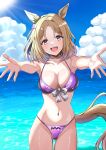  1girl :d animal_ears bikini blonde_hair blue_sky blush cloud collarbone day ear_covers highres horse_ears horse_girl horse_tail looking_at_viewer medium_hair narita_top_road_(umamusume) navel open_mouth outdoors purple_bikini purple_eyes reaching reaching_towards_viewer single_ear_cover sky smile solo stomach sun swimsuit tail tsukiyuki_mike umamusume 