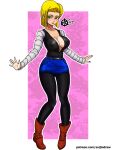  1girl android_18 aqua_eyes artist_name blonde_hair breasts covered_nipples dragon_ball dragon_ball_z large_breasts long_sleeves outside_border patreon_username self-upload short_hair skirt smile solo suijindraw tagme 