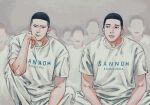  2boys black_eyes black_hair buzz_cut crowd crying crying_with_eyes_open fukatsu_kazunari hand_on_own_face highres indoors inudog_17 looking_at_another male_focus multiple_boys pants sawakita_eiji shirt short_hair sitting slam_dunk_(series) teardrop tears undercut very_short_hair white_pants white_shirt 