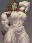  abs breasts clothing dress fangs female fraeya_(m4rjinn) hi_res humanoid looking_at_viewer m4rjinn muscular orc shy solo teeth 