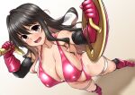  1girl armored_boots bikini black_hair blush boots breasts cleavage collarbone covered_nipples fang from_above full_body gloves hair_between_eyes huge_breasts kantai_collection long_hair looking_at_viewer multicolored_hair naganami_(kancolle) navel open_mouth pink_bikini pink_footwear pink_gloves pink_hair smile solo swimsuit yellow_eyes yoshi_tama 