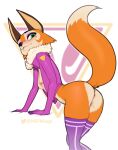  2023 anthro anus areola blush bottomless breasts butt canid canine clothed clothing female fox fur green_eyes hi_res jacket leaning leaning_forward legwear looking_at_viewer looking_back mammal markings meika_(rimba_racer) mole_(marking) nipples no_underwear orange_body orange_fur partially_clothed raised_tail rimba_racer small_breasts solo tail thigh_highs topwear w4g4 