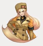  1girl blonde_hair blue_eyes brown_coat coat ebi_pri_shrimp fur_hat guilty_gear guilty_gear_strive hat long_hair long_sleeves looking_at_viewer millia_rage prehensile_hair simple_background ushanka yellow_headwear 