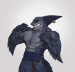  abs angry anthro biceps bottomwear clenched_teeth clothing digital_drawing_(artwork) digital_media_(artwork) edvardiko fin fish fist gills hi_res kuyo looking_at_viewer male marine muscular muscular_male nipples pants pecs piercing scales scar shark shirtless shirtless_male simple_background solo standing teeth yellow_eyes 