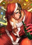  1boy abs alternate_costume bad_id bad_twitter_id bara bottle chest_hair christmas christmas_ornaments commission drunk feet_out_of_frame forked_eyebrows from_above hachimaki hat headband itaru_(kidomh63) jewelry large_pectorals long_sideburns looking_at_viewer looking_up magatama magatama_necklace male_focus mature_male muscular muscular_male mutton_chops necklace nejiri_hachimaki parted_lips partially_undressed pectoral_cleavage pectorals santa_costume santa_hat short_hair sideburns sitting skeb_commission solo sparkle tajikarao_(housamo) tokyo_afterschool_summoners tusks wine_bottle 
