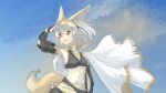  alternate_costume animal_ears bare_shoulders black_shirt black_sleeves blonde_hair blue_sky bracelet cape cowboy_shot crop_top detached_sleeves extra_ears fennec_(kemono_friends) fox_ears fox_girl fox_tail frilled_cape gold_bracelet gold_necklace hair_between_eyes harem_outfit highres jewelry kemono_friends midriff multicolored_hair navel necklace orange_eyes sasa_fune shirt short_hair sidelocks sky sleeves_past_wrists star_(sky) tail white_cape white_hair 
