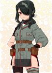  1girl absurdres belt black_gloves black_hair blush brown_belt buttons closed_mouth cowboy_shot gloves green_jacket green_thighhighs hair_over_one_eye highres jacket kanmiya_shinobu kantai_collection kumano_maru_(kancolle) medium_hair red_eyes single_thighhigh solo thighhighs 