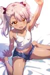  ai-generated armpits breasts chloe_von_einzbern dark-skinned_female dark_skin denim denim_shorts fate/kaleid_liner_prisma_illya fate_(series) feet hanagata_kai midriff navel on_bed open_fly orange_eyes pink_hair short_shorts shorts simple_background small_breasts tank_top twintails 