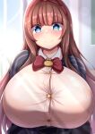  .live 1girl absurdres blue_eyes blush bow breasts breasts_squeezed_together brooch brown_hair buttons commission dot_nose hair_bow highres huge_breasts jewelry kakyouin_chieri long_hair looking_at_viewer pixiv_commission red_bow shirt sinape smile solo symbol-shaped_pupils upper_body virtual_youtuber white_shirt 