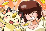  1girl blush_stickers breasts brown_hair cat closed_eyes fangs happy meowth open_mouth orange_background pokemon pokemon_(anime) pokemon_(creature) ranma_1/2 smile teeth tendou_nabiki wanta_(futoshi) whiskers 