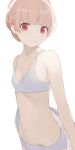  1girl blue_archive blunt_bangs bra braid breasts closed_mouth collarbone commentary halo highres hiroki_(yyqw7151) looking_at_viewer navel nodoka_(blue_archive) panties red_eyes red_halo simple_background small_breasts smile solo underwear white_background white_bra white_panties 