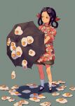  1girl black_footwear black_hair braided_hair_rings brown_eyes brown_shirt eyewear_on_head food fried_egg full_body hair_ribbon highres holding holding_umbrella original print_shirt ribbon shirt socks solo standing ttanne umbrella white_socks 