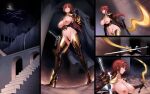  1girl armor armored_boots blue_eyes boots breasts cape corruption dark_persona gloves high_heels highres large_breasts long_hair nipples original ponytail red_hair sword uns_(sdsxsoverlord) weapon 