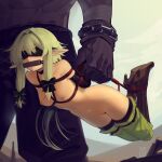  1girl absurdres bdsm blindfold bondage boots bound bow breasts brown_bow brown_footwear cad_(caddo) carrying carrying_person collarbone commission elf full_body gag goblin_slayer! green_hair hair_between_eyes hair_bow hair_intakes high_elf_archer_(goblin_slayer!) high_heels highres knee_boots long_hair nipples nude pointy_ears pussy restrained second-party_source shibari sidelocks small_breasts solo_focus thighhighs 