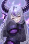  1girl ahoge awa_(awao141) black_collar braid coat coat_dress collar demon_horns grey_hair highres hololive horns la+_darknesss la+_darknesss_(1st_costume) long_hair looking_at_viewer metal_collar multicolored_hair one_eye_closed pointy_ears purple_coat purple_hair single_braid sleeves_past_fingers sleeves_past_wrists smile streaked_hair tail tongue tongue_out very_long_hair virtual_youtuber 
