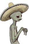  1other alien black_eyes closed_mouth commentary facial_hair from_side hands_up hat highres meme mexico_ufo_alien_bodies_hearing_(meme) mossacannibalis mustache original simple_background solo sombrero spanish_commentary upper_body white_background 