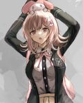  1girl :o absurdres arms_up black_jacket black_shirt blush breasts brown_eyes brown_hair brown_skirt collared_shirt danganronpa_(series) danganronpa_2:_goodbye_despair dress_shirt flipped_hair galaga gradient_background grey_background hair_ornament highres hood iwano_(iwanohiroko) jacket large_breasts long_sleeves looking_at_viewer medium_hair my_melody nanami_chiaki neck_ribbon onegai_my_melody open_clothes open_jacket pink_eyes pink_ribbon pleated_skirt ribbon rorikon_shinshi shirt shirt_tucked_in skirt solo teeth two-tone_shirt upper_teeth_only 