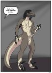  absurd_res anthro arm_tattoo border comic dialogue dinosaur dog_tags dromaeosaurid erection hi_res johnny_silverclaw johnny_silverhand_(cyberpunk_2077) male nude reptile rex_equinox scalie solo speech_bubble standing tattoo theropod transformation velociraptor white_border wristband 