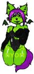  absurd_res anthro bat big_breasts breasts clothed clothing digital_media_(artwork) felid feline female fur genitals green_body green_skin hair hi_res humanoid hybrid looking_at_viewer lynx mammal nyomnyom nyx_(nyomnyom) purple_hair simple_background solo 