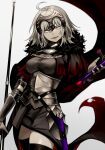  1girl ahoge armor armored_dress black_cape black_dress black_thighhighs cape chain commentary_request dress fate/grand_order fate_(series) gauntlets grey_hair headpiece highres holding holding_polearm holding_sword holding_weapon jeanne_d&#039;arc_alter_(avenger)_(fate) jeanne_d&#039;arc_alter_(fate) looking_at_viewer open_mouth pale_skin plackart polearm sheath short_hair simple_background solo sumi_(gfgf_045) sword thighhighs torn_cape torn_clothes weapon white_background yellow_eyes 
