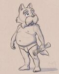  5_fingers 5_toes anthro barefoot belly blue_eyes briefs canid canine canis clothing corgi_(artist) domestic_dog facial_hair feet fingers hunting_dog male mammal mature_male mostly_nude musclegut mustache navel newspaper nipples small_bulge solo tail terrier toes underwear 