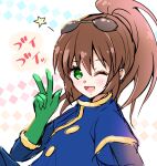  1girl :d brown_hair eyewear_on_head gloves green_eyes green_gloves highres long_hair looking_at_viewer open_mouth ponytail precis_neumann smile solo star_(symbol) star_ocean star_ocean_the_second_story v wakaba_rino 