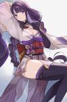  1girl black_thighhighs breasts cleavage commentary_request genshin_impact grey_background hand_on_own_chest highres japanese_clothes kimono long_braid long_hair long_sleeves looking_at_viewer obi ponzu_pon9 purple_eyes purple_hair purple_kimono raiden_shogun red_sash sash solo thighhighs thighs very_long_hair wide_sleeves 