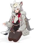  1girl :d absurdres ahoge animal_ears fur_trim green_eyes grey_hair hair_ornament highres open_mouth original ribbon simple_background sleeves_past_wrists smile tail thigh_strap white_background xiaomaiyangcongzhou 
