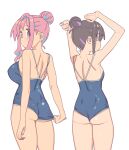  2girls absurdres arms_up ass blue_one-piece_swimsuit breasts brown_hair clothes_pull cowboy_shot hair_bun highres hozuki_kaede imamura_ryou looking_at_viewer looking_back medium_breasts multicolored_hair multiple_girls one-piece_swimsuit onii-chan_wa_oshimai! oyama_mihari pink_hair short_hair sidelocks simple_background small_breasts standing streaked_hair swimsuit white_background 