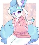  ambiguous_gender anthro biped blue_body blue_fur blush clothed clothing eeveelution fur generation_6_pokemon hoodie looking_at_viewer milk_the_sylveon_(toxicmilkyx) nintendo pokemon pokemon_(species) purple_eyes solo sylveon tongue tongue_out topwear toxicmilkyx white_body white_fur 