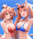  2girls absurdres adjusting_eyewear alternate_costume animal_ears arugou aston_machan_(umamusume) bare_shoulders bikini blue_bikini blue_sky breasts brown_hair cleavage commentary_request daiwa_scarlet_(umamusume) fang front-tie_bikini_top front-tie_top green_eyes highres horse_ears horse_girl horse_tail large_breasts long_hair looking_at_viewer medium_hair multiple_girls navel no_headwear one_eye_closed open_mouth outdoors ponytail red_bikini red_eyes red_hair sky smile sunglasses swimsuit tail twintails umamusume upper_body very_long_hair 