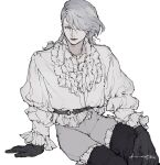  1boy black_footwear black_gloves boots braid dadadadadaist final_fantasy final_fantasy_xvi frilled_shirt frilled_shirt_collar frilled_sleeves frills gloves grey_eyes grey_hair grey_lips hair_between_eyes hair_over_one_eye highres jewelry long_sleeves looking_at_viewer male_focus necklace pale_skin puffy_long_sleeves puffy_sleeves shirt side_braid signature sitting sleipnir_harbard solo thigh_boots wavy_hair white_background white_shirt 