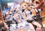  4girls :d :o animal_ears azur_lane bare_shoulders black_gloves black_shorts black_skirt blonde_hair blue_eyes blue_hair breasts cat_ears cleavage cleveland_(azur_lane) cleveland_(muse)_(azur_lane) commentary_request concert dress elbow_gloves fake_animal_ears fingerless_gloves gascogne_(azur_lane) gascogne_(muse)_(azur_lane) gloves hair_between_eyes hands_up holding holding_microphone idol illustrious_(azur_lane) illustrious_(muse)_(azur_lane) large_breasts long_hair looking_at_viewer mappaninatta medium_breasts microphone midriff multiple_girls navel official_alternate_costume official_art open_mouth parted_lips paw_pose red_eyes roon_(azur_lane) roon_(muse)_(azur_lane) shorts sidelocks skirt smile standing standing_on_one_leg white_dress white_gloves white_hair yellow_eyes zettai_ryouiki 