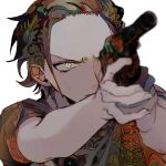  1boy aged_down aiming_up androgynous black_hair crocodile_(one_piece) gun hair_slicked_back highres holding holding_gun holding_weapon male_focus one_piece short_hair short_sleeves simple_background slit_pupils weapon white_background yadu_nadu 