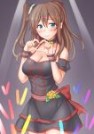  1girl anti_(untea9) black_choker black_dress blue_eyes blush breasts brown_hair choker cleavage concert dress frilled_dress frills glowstick heart heart_hands highres idol idol_clothes kantai_collection large_breasts long_hair looking_at_viewer saratoga_(kancolle) smile stage stage_lights 