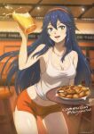  1girl :d absurdres alternate_costume beer_mug blue_eyes blue_hair blurry blurry_background breasts chicken_(food) collarbone commission contrapposto cup drinking_glass fire_emblem fire_emblem_awakening food hairband hand_up highres holding holding_cup holding_tray hooters indoors light_particles long_hair looking_at_viewer lucina_(fire_emblem) mug orange_hairband orange_shorts plate restaurant short_shorts shorts small_breasts smile solo stool symbol_in_eye tak0baka tank_top thighs tray white_tank_top 