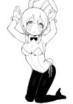  1girl animal_ears arms_up blush bow bowtie breasts cleavage commentary_request detached_collar flower full_body greyscale hair_between_eyes hair_flower hair_ornament hair_over_shoulder high_heels highres kneeling large_breasts leotard long_hair low_twintails monochrome murosaki_miyo onii-chan_wa_oshimai! pantyhose playboy_bunny rabbit_ears rabbit_tail seramikku shoes simple_background solo strapless strapless_leotard tail twintails white_background wrist_cuffs 