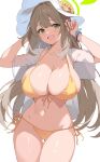  1girl ass_visible_through_thighs bikini blue_archive blush breasts chikoku front-tie_bikini_top front-tie_top green_eyes green_halo halo hat highres huge_breasts light_brown_hair long_hair looking_at_viewer navel nonomi_(blue_archive) nonomi_(swimsuit)_(blue_archive) open_clothes open_mouth open_shirt shirt side-tie_bikini_bottom simple_background solo sun_hat swimsuit white_background white_headwear white_shirt wristband yellow_bikini 